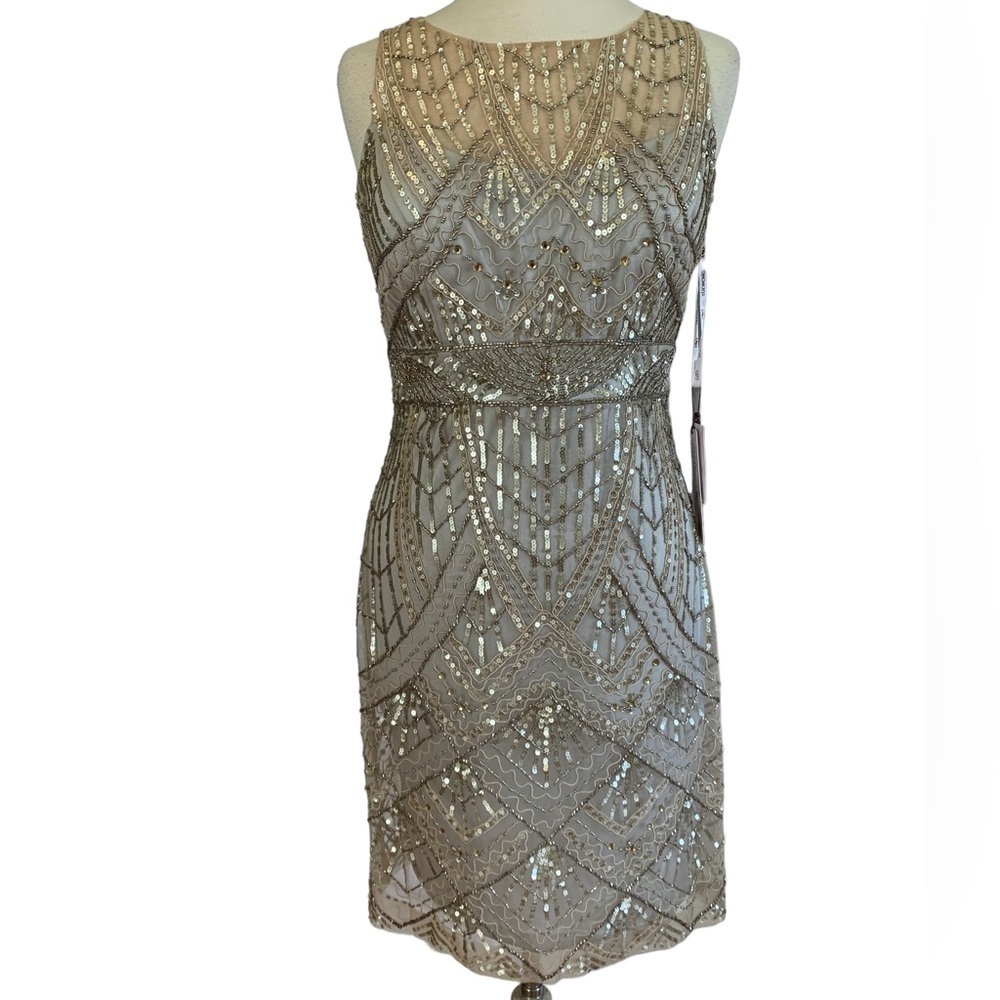 SUE WONG 14 Champagne Silver sequin embellished beaded cocktail formal dress NEW - Picture 3 of 17